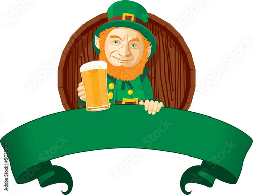 Leprechaun is sitting over a blank banner