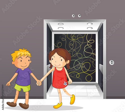 A girl and a boy holding hands near the elevator