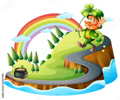 An old man holding a clover plant walking at the street