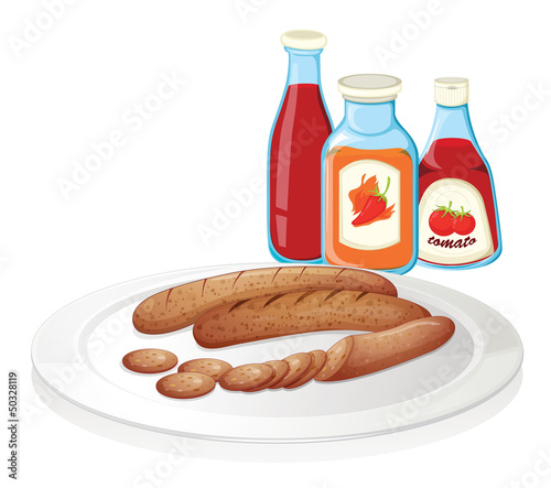 A plate of sausage with ketchups