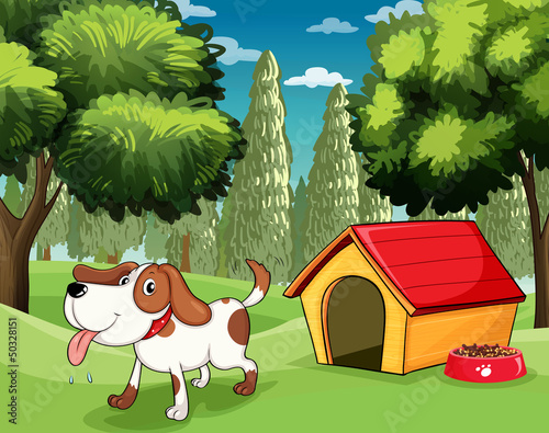 A dog with a doghouse and a dogfood near the trees