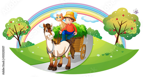A farmer with his farm pets at the street