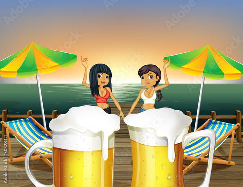 Ladies at the wooden bridge and the pitchers of beer