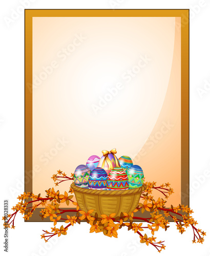 An empty frame signage with a basket of eggs