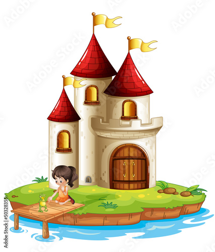 A girl and a frog at the bridge in front of a big castle
