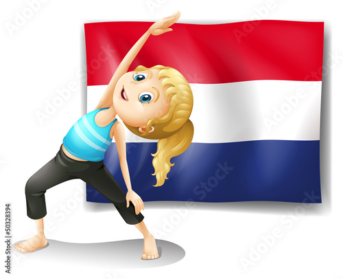 A girl in front of the flag of Netherlands