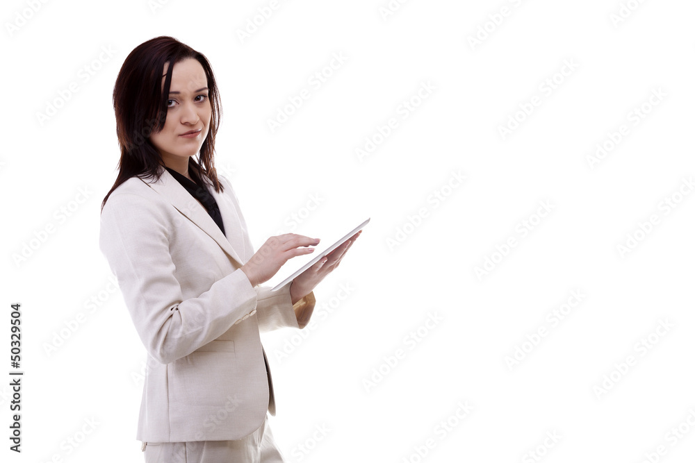 Smiling Student holding a tablet in hands isolated on white back Smiling Student holding a tablet in hands isolated on white back