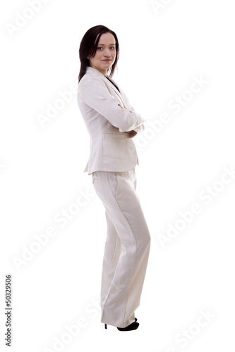 Secreatary with hands crossed full body isolated over white