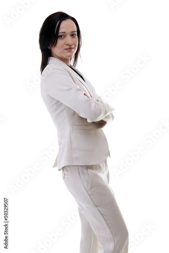 Smiling caucasian businesswoman with hands crossed isolated on w