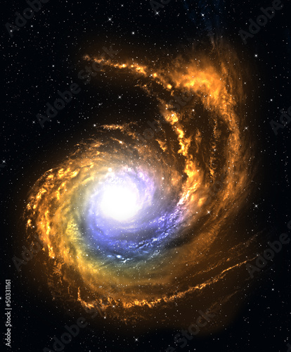 Spiral galaxy in deep space with starfield background.