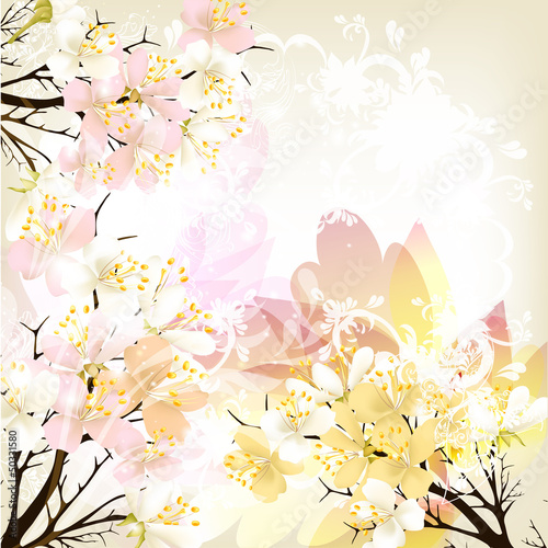 Cute floral spring vector background with pink fresh flowers