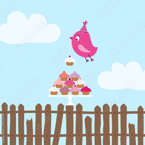 Flying Pink Bird 10 Cupcakes Fence Sky