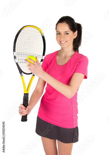 Portrait of young woman with tennis racket isolated on white © Lukas Gojda
