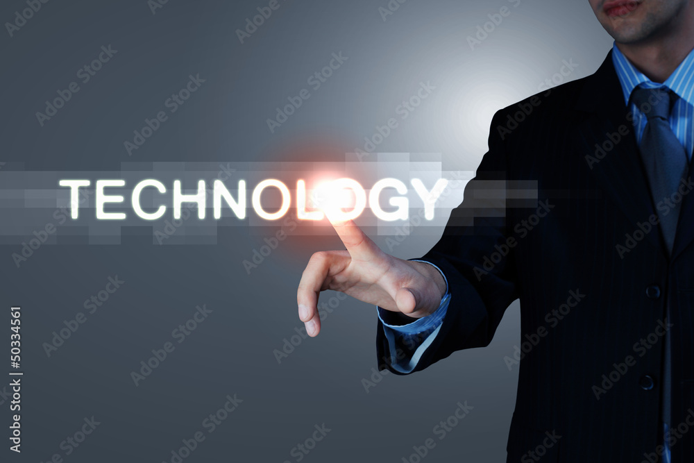 Business man touching display Business man touching display