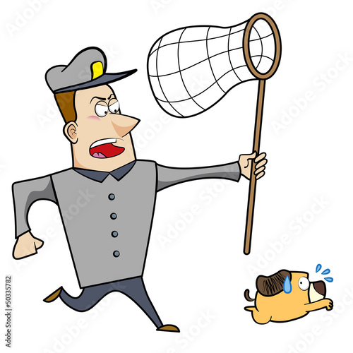 Cartoon Animal Control Officer Chasing Dog with Net