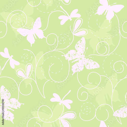 green seamless pattern with butterflies