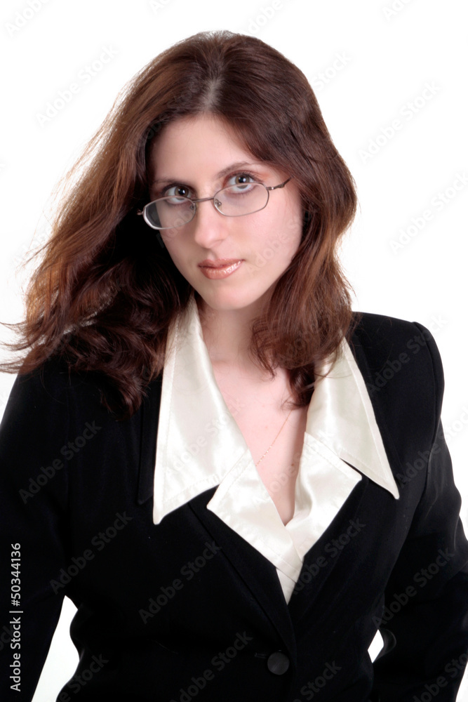 young woman posing in business suit and glasses young woman posing in business suit and glasses