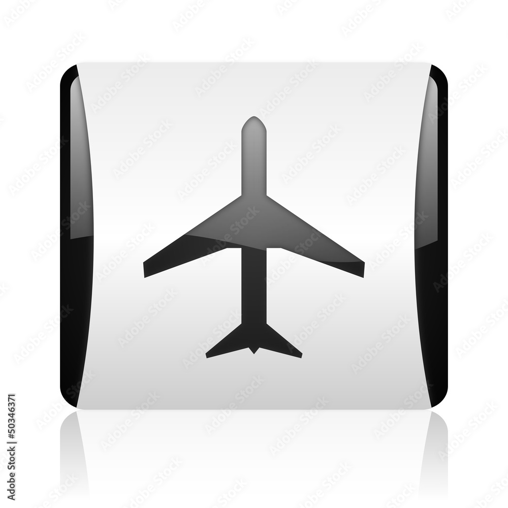 airplane black and white square web glossy icon