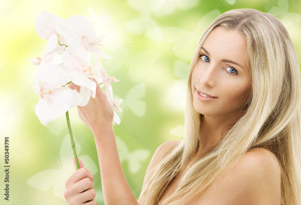 beautiful woman with orchid flower and butterflies beautiful woman with orchid flower and butterflies