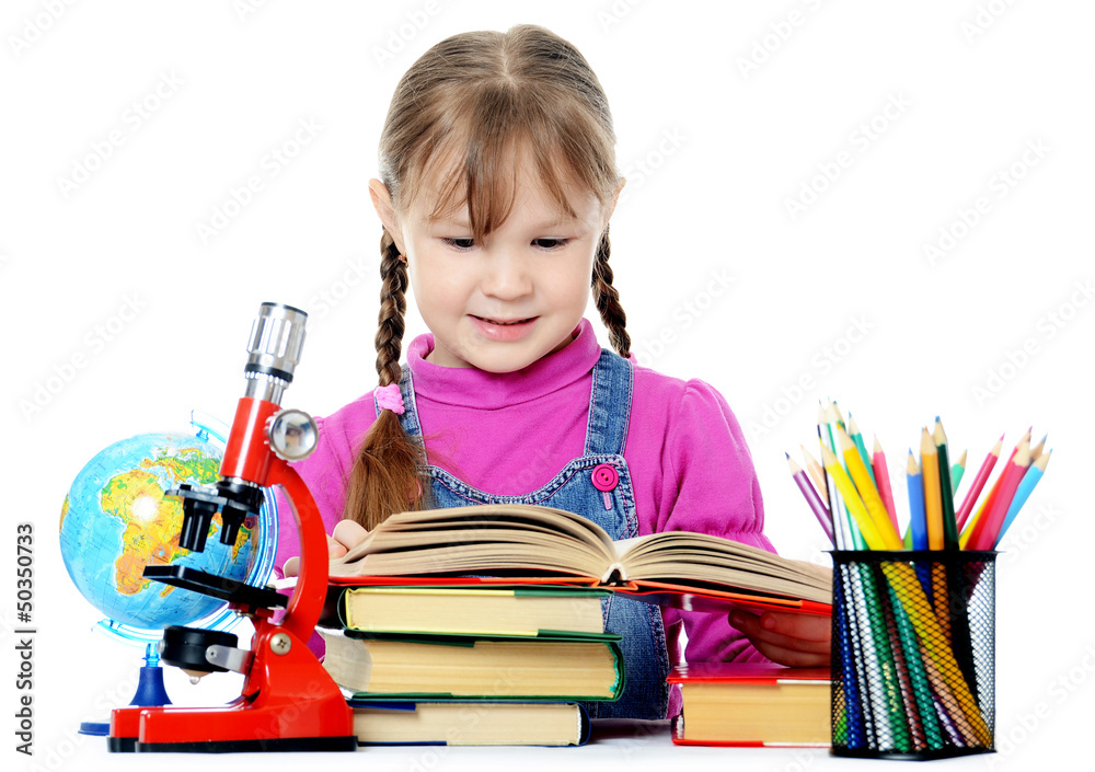 The little girl learn isolated on white background The little girl learn isolated on white background