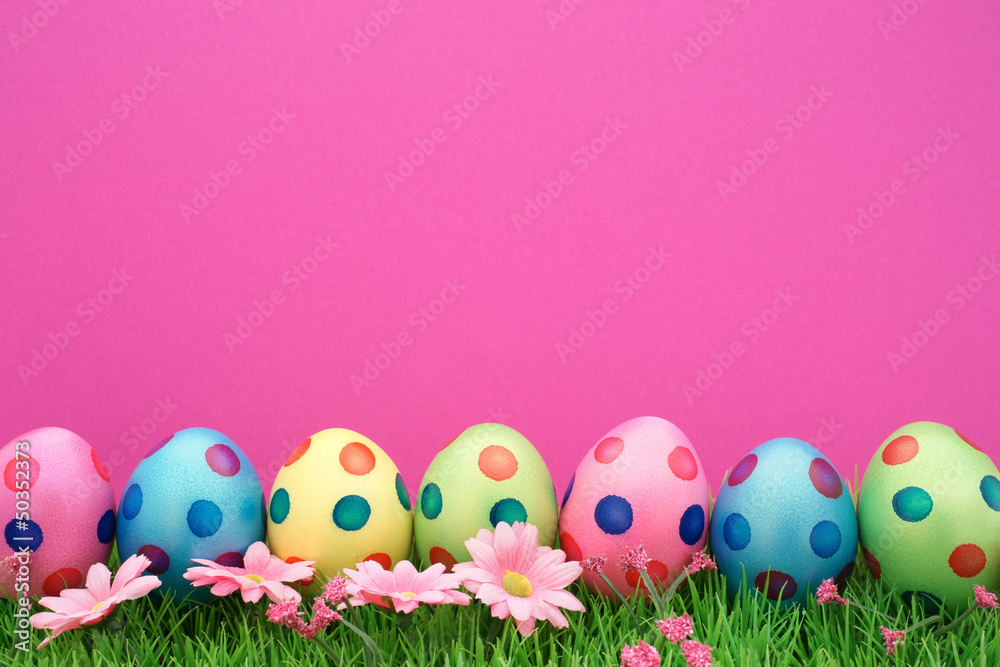 Easter eggs in a row with pink background and copy space Easter eggs in a row with pink background and copy space
