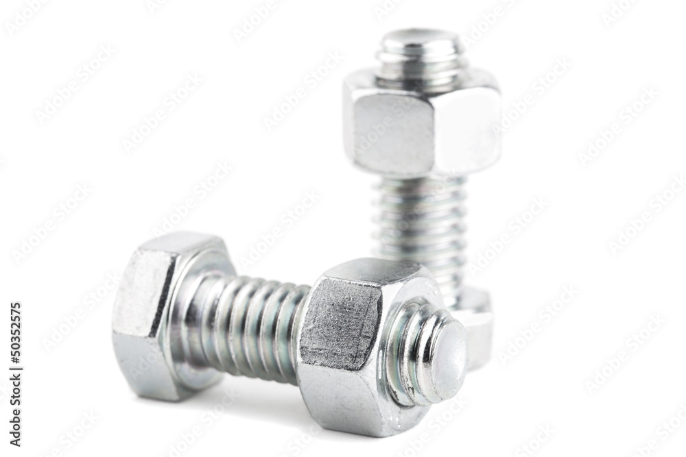 Two bolts with screw-nuts. Isolated on white Two bolts with screw-nuts. Isolated on white