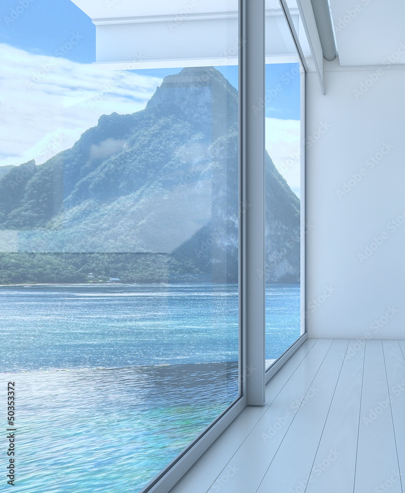 Empty 3d modern loft interior with sea / ocean view