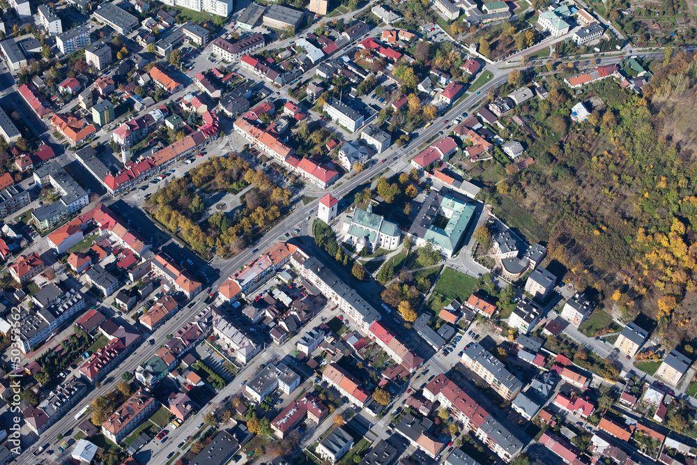 aerial view of Pinczow town in Poland