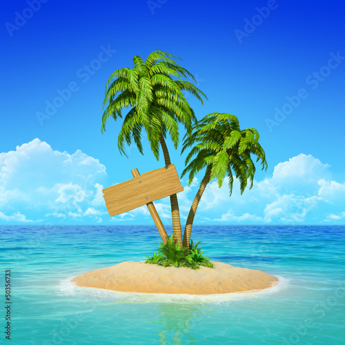 Wooden signpost on tropical island with palms.