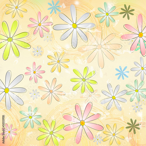 spring daisy flowers over beige old paper background with circle