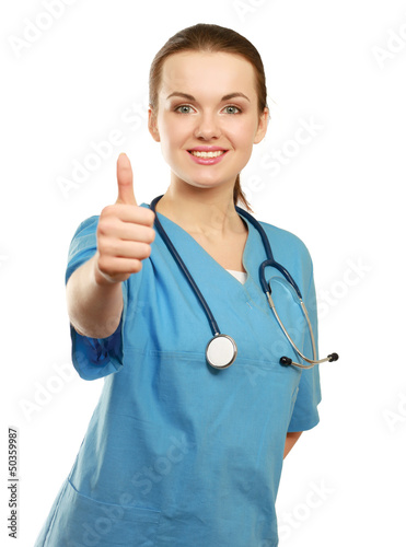 A female doctor shows a sign okay isolated on white background