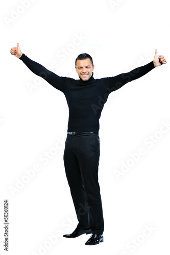 Happy smiling young business man with thumbs up gesture, isolate