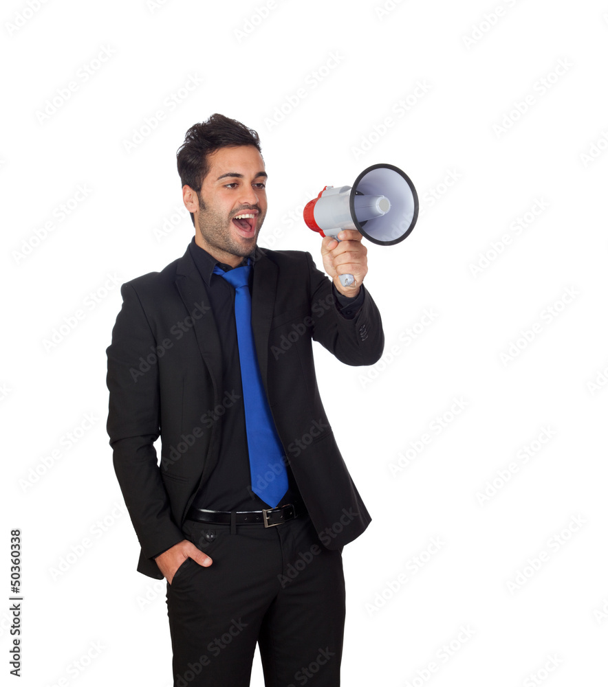 Young businessman with a Megaphone proclaiming something Young businessman with a Megaphone proclaiming something