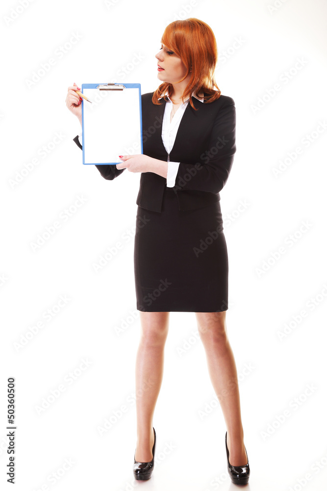 business woman holds clipboard and points business woman holds clipboard and points