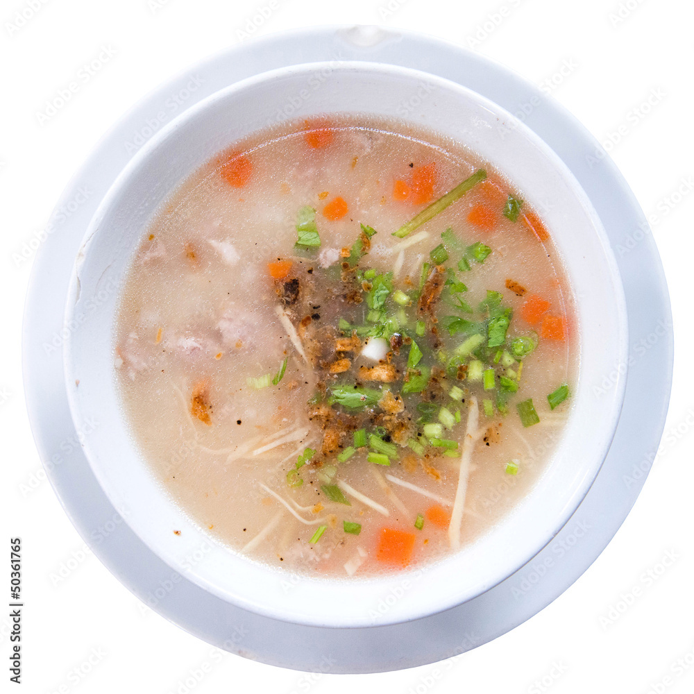 Traditional thai porridge rice gruel in bowl, con gee Traditional thai porridge rice gruel in bowl, con gee
