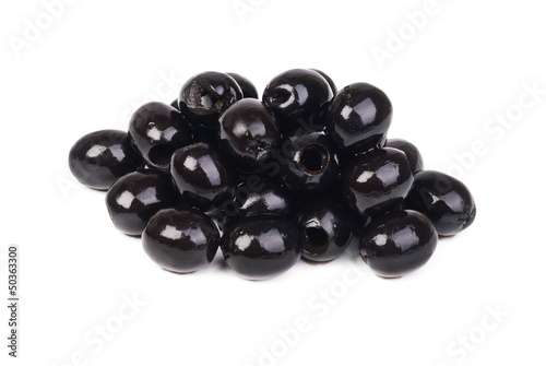 Black pitted olives isolated on white