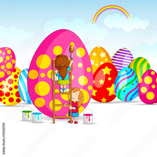 vector illustration of kids painting colorful Easter egg