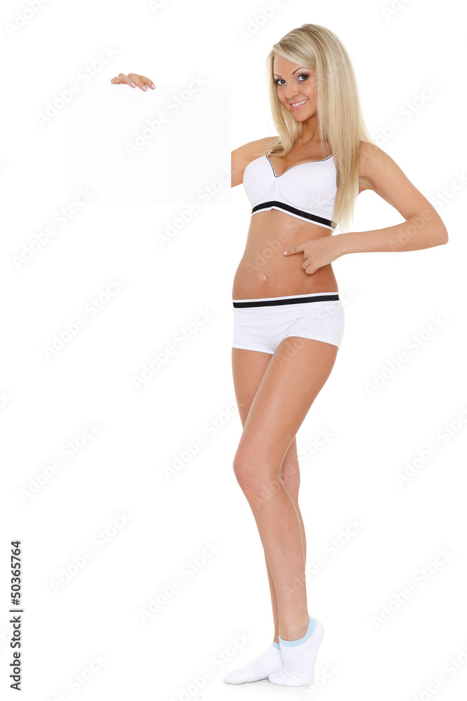 Fototapeta premium Young woman with empty board for the text.