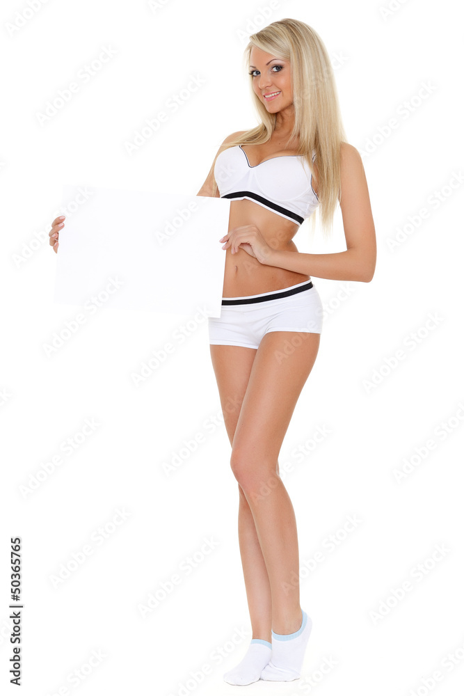 Young woman with empty board for the text. Young woman with empty board for the text.