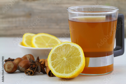 Lemon tea,fresh lemon,cinnamon,star-anise and hazelnuts