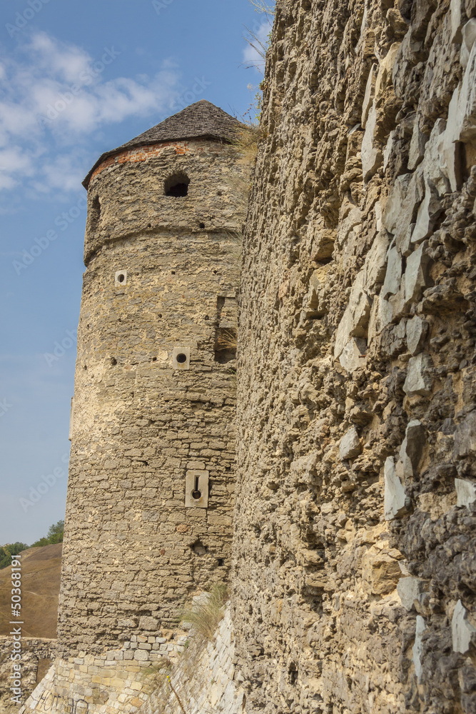 Tower and wall of castle in  Kamianets Podilskyi, Ukraine, Europ