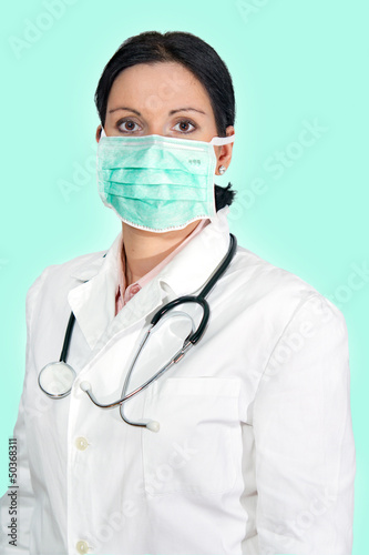 doctor with mask and stethoscope, isolated green