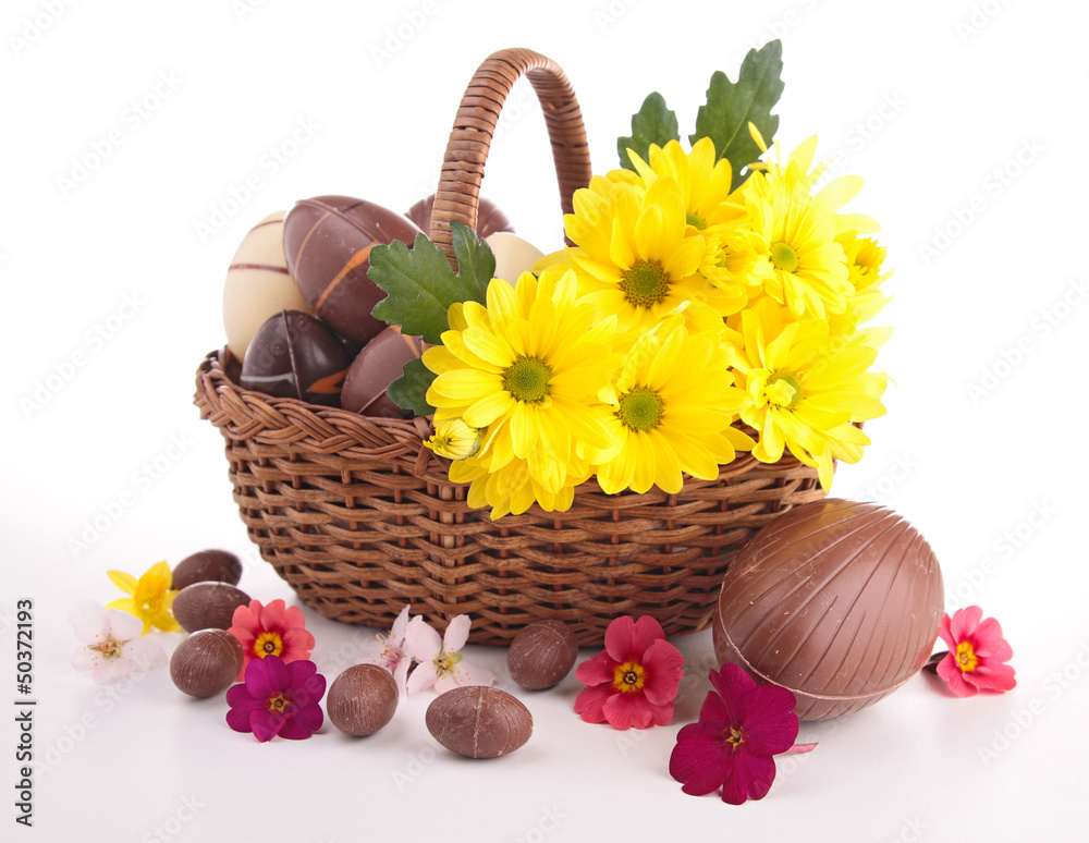 easter eggs in wicker basket with flowers