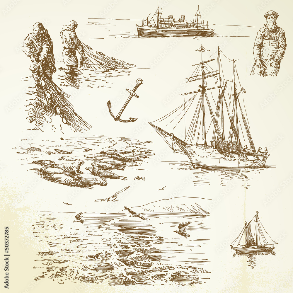 Fototapeta premium nautical set - hand drawn collection