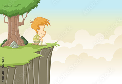Sad cute cartoon boy thinking on top of a hill