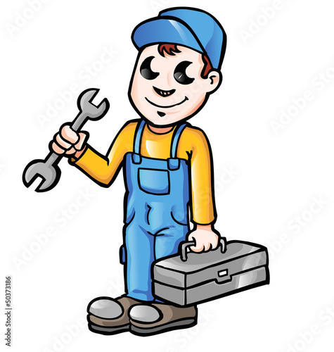   Happy cartoon plumber or mechanic with spanner      
