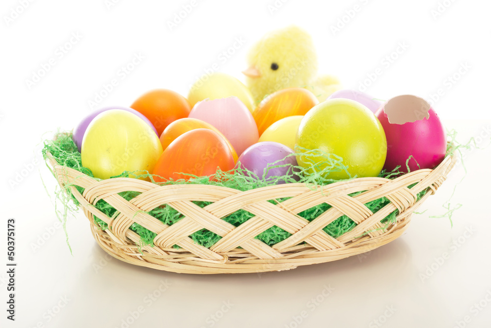 Easter eggs in a basket with chick
