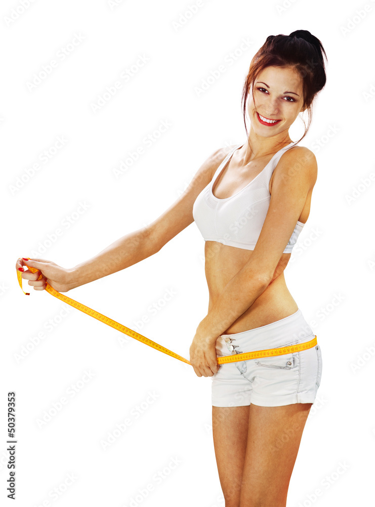 happy woman measures her waist l happy woman measures her waist l