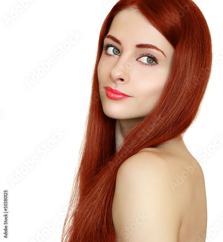 Beauty girl with healty smooth long red hair looking back isolat
