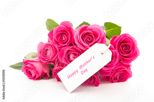 Close up of a beautiful bouquet of pink roses with a happy mothe photo